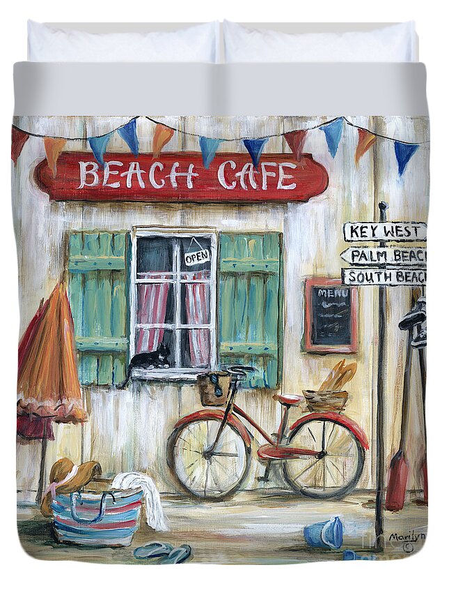 Beach Cafe Duvet Cover featuring the painting Beach Cafe by Marilyn Dunlap