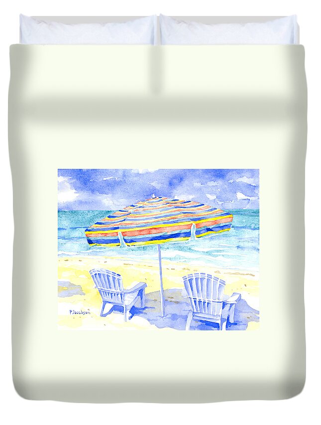 Beach Chairs Duvet Cover featuring the painting Beach Chairs by Pauline Walsh Jacobson