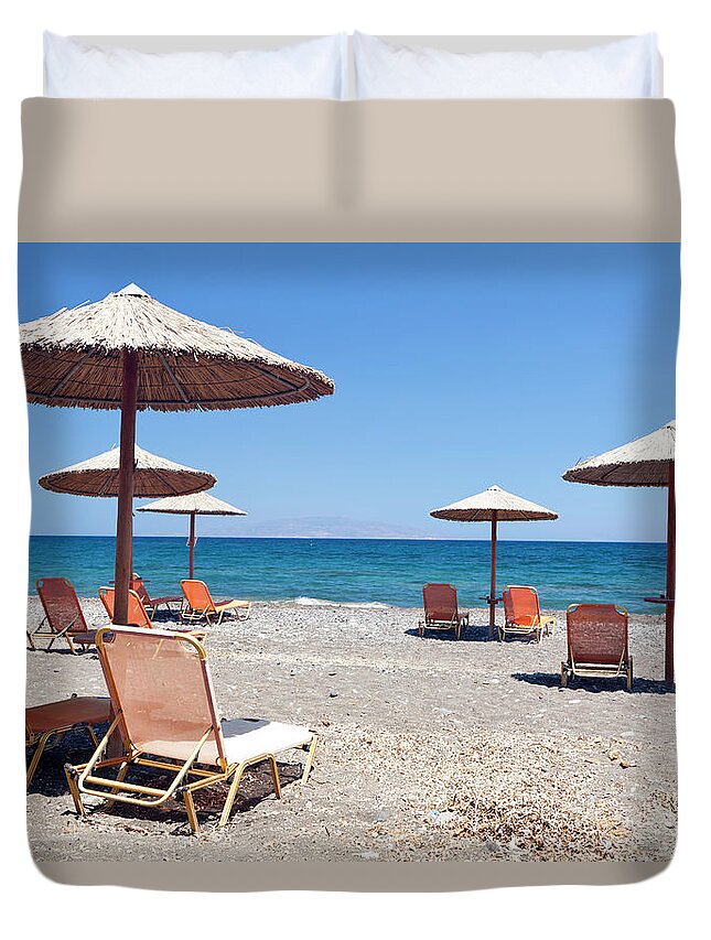 Shadow Duvet Cover featuring the photograph Beach On Santorini by Inkret