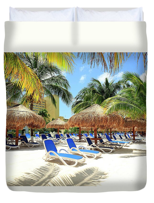 Beach Hut Duvet Cover featuring the photograph Beach With Palm Trees And Lounge Chairs by Espiegle
