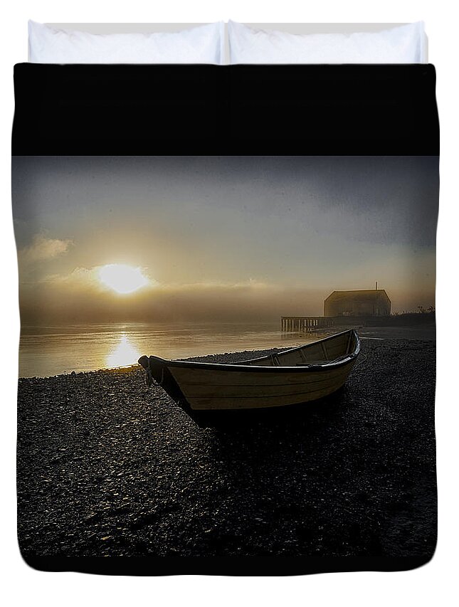Dory Duvet Cover featuring the photograph Beached Dory in Lifting Fog by Marty Saccone