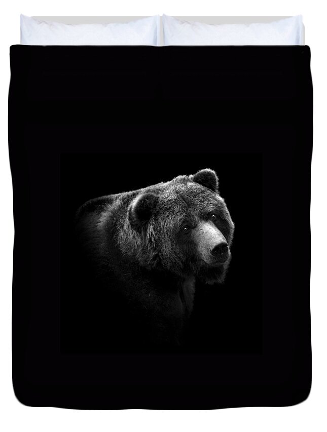 Bear Duvet Cover featuring the photograph Portrait of Bear in black and white by Lukas Holas
