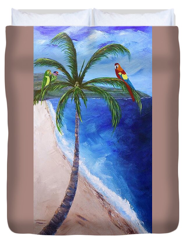 Sand Duvet Cover featuring the painting Beautiful Palos Verdes Palm and Parrots by Jamie Frier