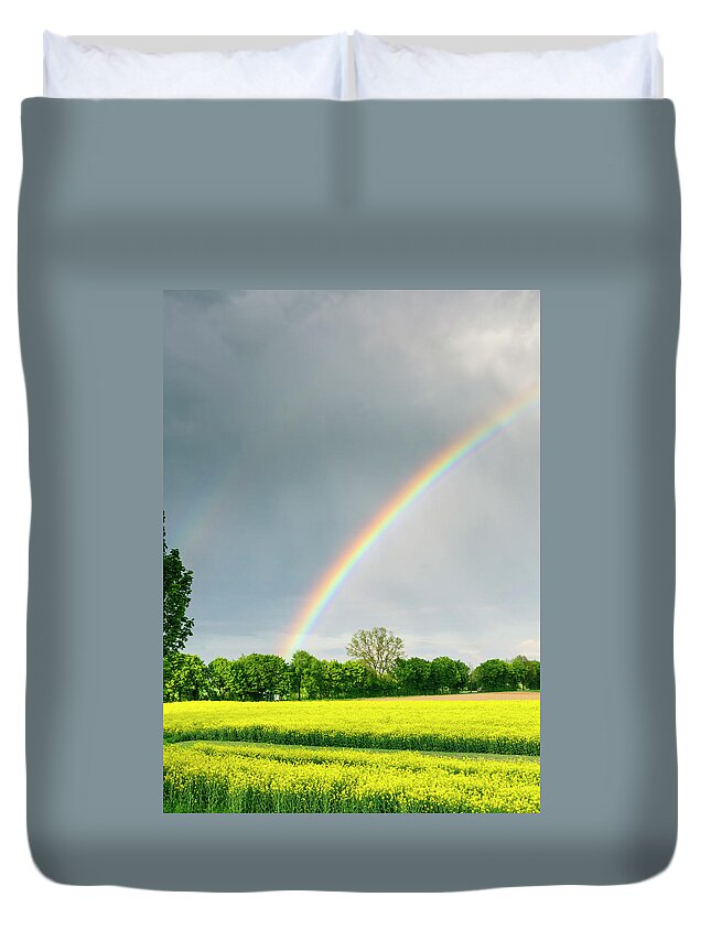 Climate Duvet Cover featuring the photograph Beautiful Rainbow Bright Yellow by Wepix