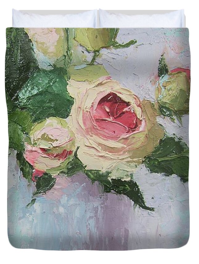 Pink Roses Duvet Cover featuring the painting Beautiful Roses Oil Palette Knife painting by Chris Hobel