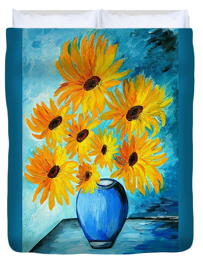 Sunflowers Duvet Cover featuring the painting Beautiful Sunflowers in Blue Vase by Ramona Matei