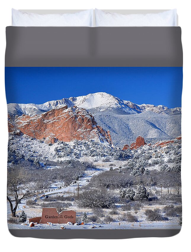 Colorado Duvet Cover featuring the photograph Beautiful Winter Garden of the Gods by John Hoffman
