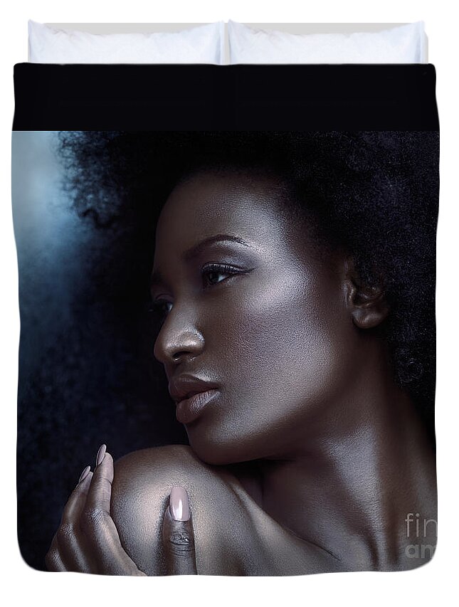 Beauty Duvet Cover featuring the photograph Beauty portrait of beautiful black woman face with silvery skin by Maxim Images Exquisite Prints