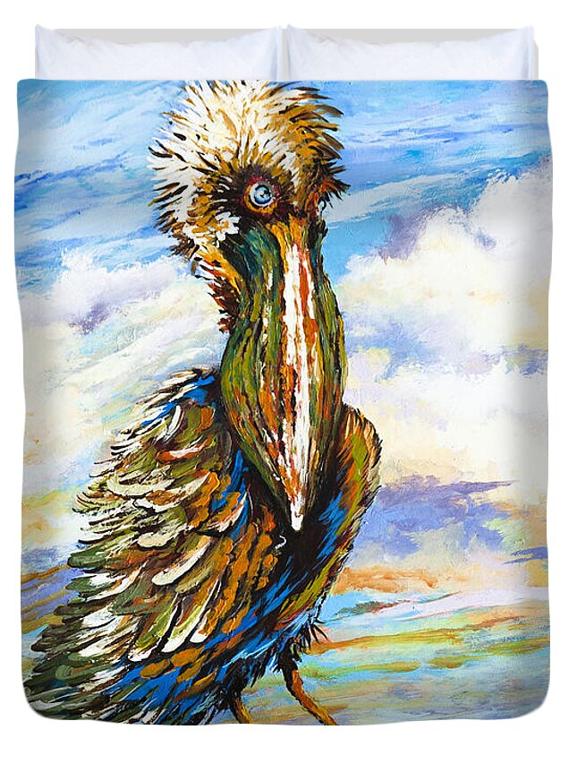 Louisiana Pelican Duvet Cover featuring the painting Bedhead Boudreaux by Dianne Parks