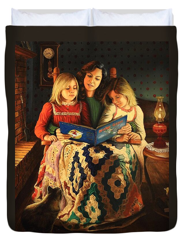 Mother Reading To Children Duvet Cover featuring the painting Bedtime Stories by Glenn Beasley