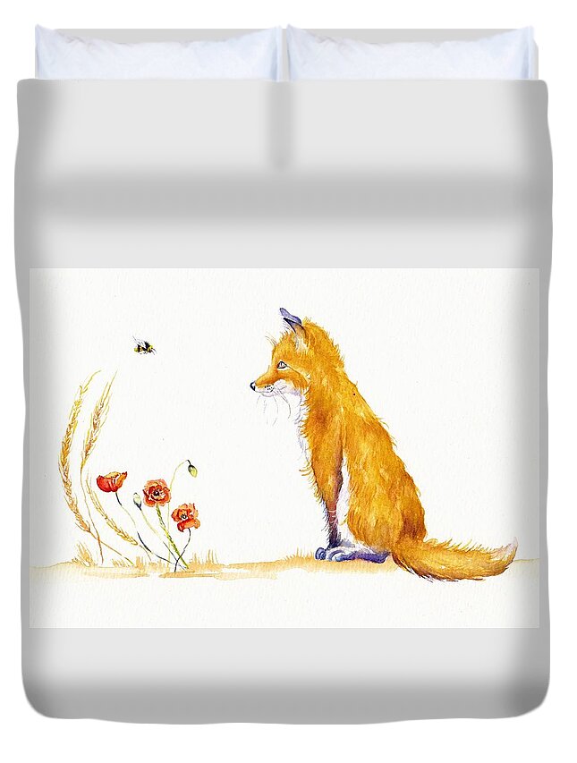 Fox Duvet Cover featuring the painting Bee a Summer Fox by Debra Hall