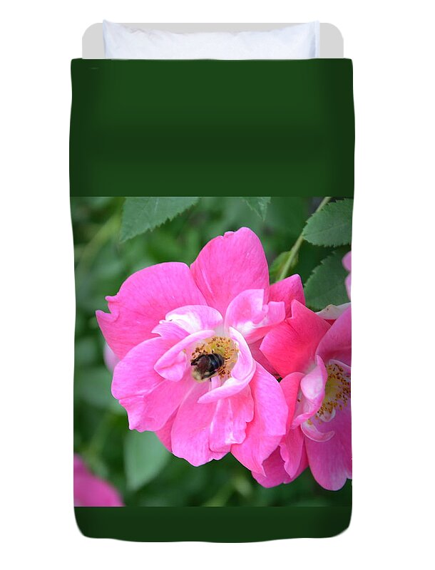Bee Duvet Cover featuring the photograph Bee Rosy by Laurel Best