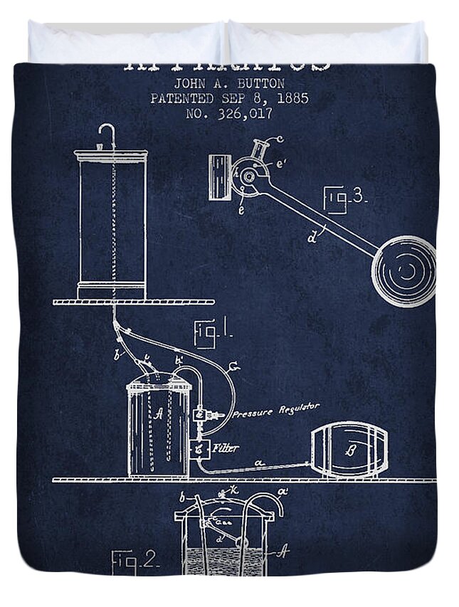 Beer Keg Duvet Cover featuring the digital art Beer Drawing Apparatus Patent from 1885 - Navy Blue by Aged Pixel