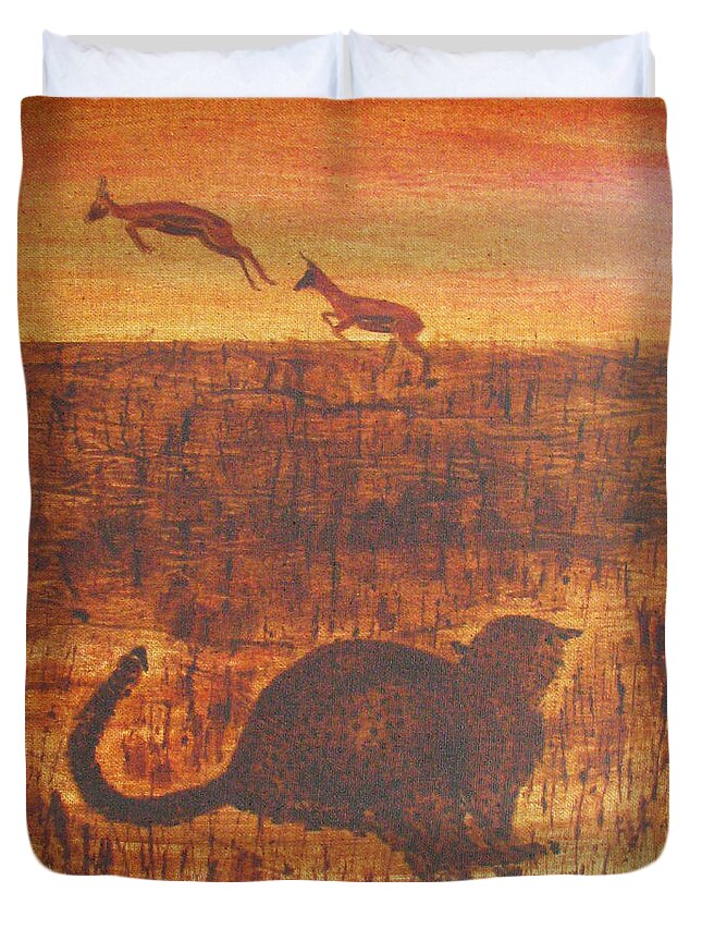 Cheetah Duvet Cover featuring the mixed media Behind the Hunt by Stephanie Grant