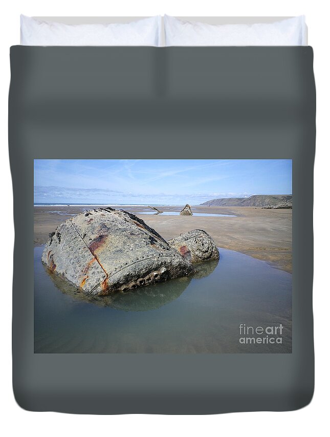 Shipwreck Duvet Cover featuring the photograph Belem Shipwreck Cornwall by Richard Brookes
