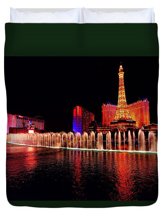 Bellagio Duvet Cover featuring the photograph Bellagio Fountain Show at Night by Greg Norrell