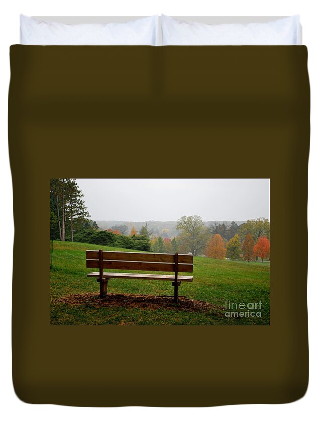 Bench Duvet Cover featuring the photograph Bench at the Morton Arboretum by Nancy Mueller