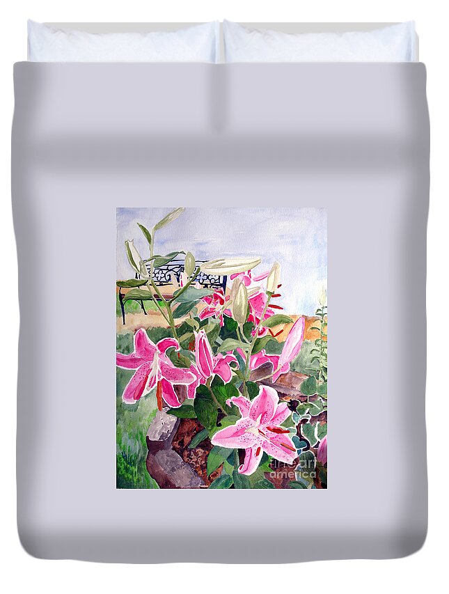 Lily Duvet Cover featuring the painting Bench on a Hill by Sandy McIntire