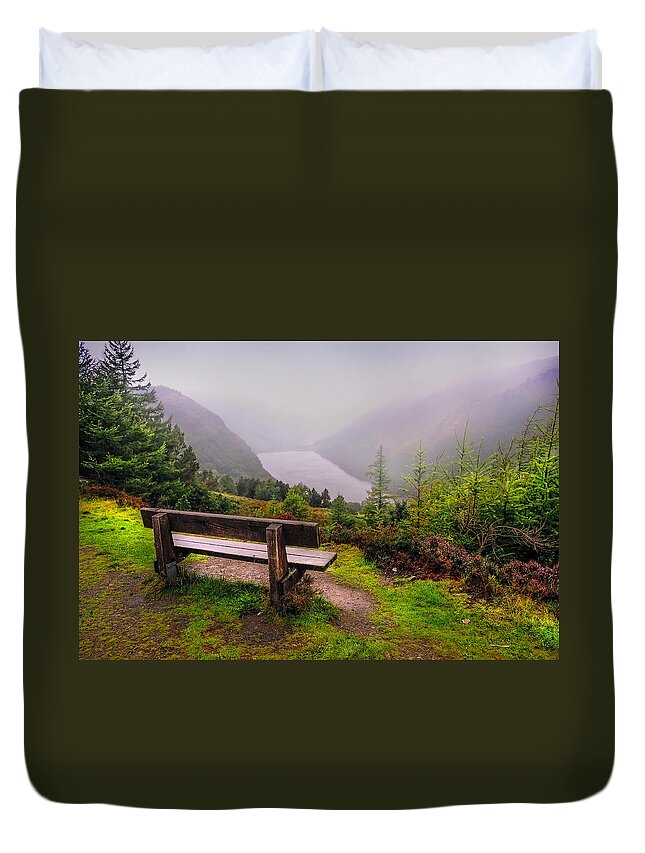 Jenny Rainbow Fine Art Photography Duvet Cover featuring the photograph Bench over the Upper Lake. Glendalough. Ireland by Jenny Rainbow