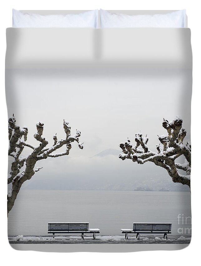 Benches Duvet Cover featuring the photograph Benches and a trees by Mats Silvan