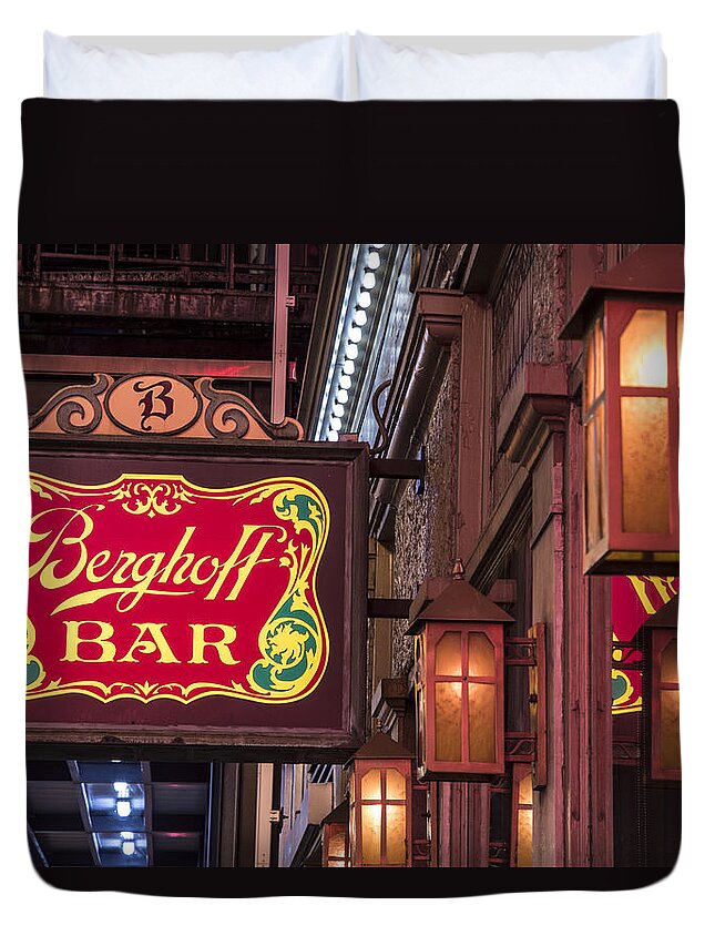 Chicago Duvet Cover featuring the photograph Berghoff Bar Sign by John McGraw
