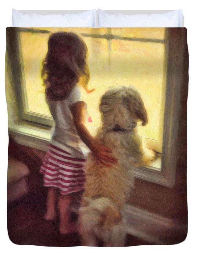 Young Girl And Dog At The Window Duvet Cover featuring the painting Best of Friends by Dean Wittle