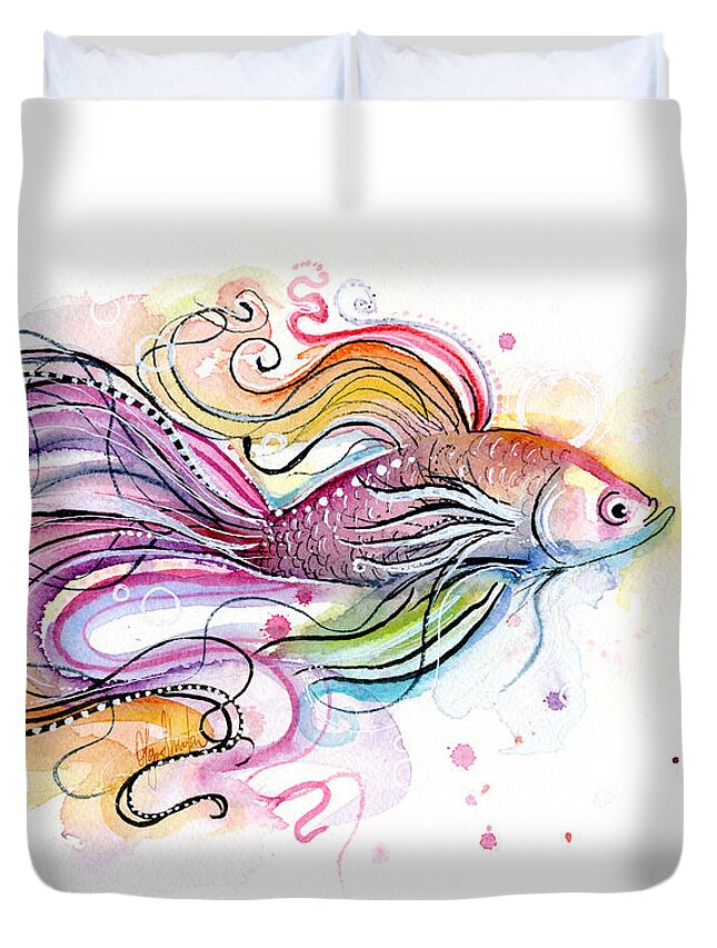 Fish Duvet Cover featuring the painting Betta Fish Watercolor by Olga Shvartsur