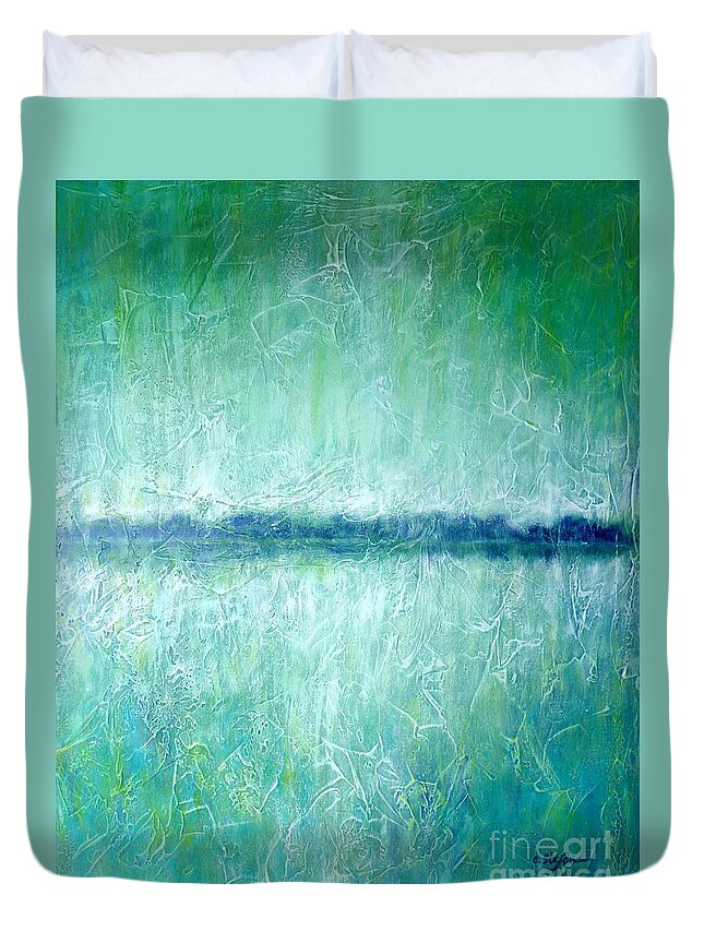 Painting Duvet Cover featuring the painting Between the Sea and Sky - Green Seascape by Cristina Stefan