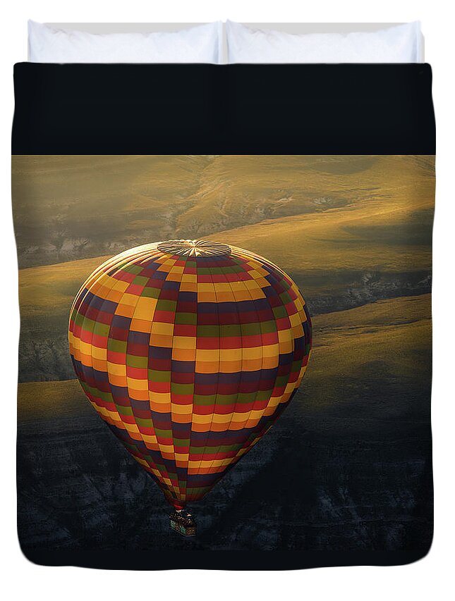 Grass Duvet Cover featuring the photograph Big Balloon Over Cappadocia by Coolbiere Photograph