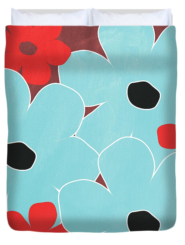 Flowers Duvet Cover featuring the mixed media Big Blue Flowers by Linda Woods