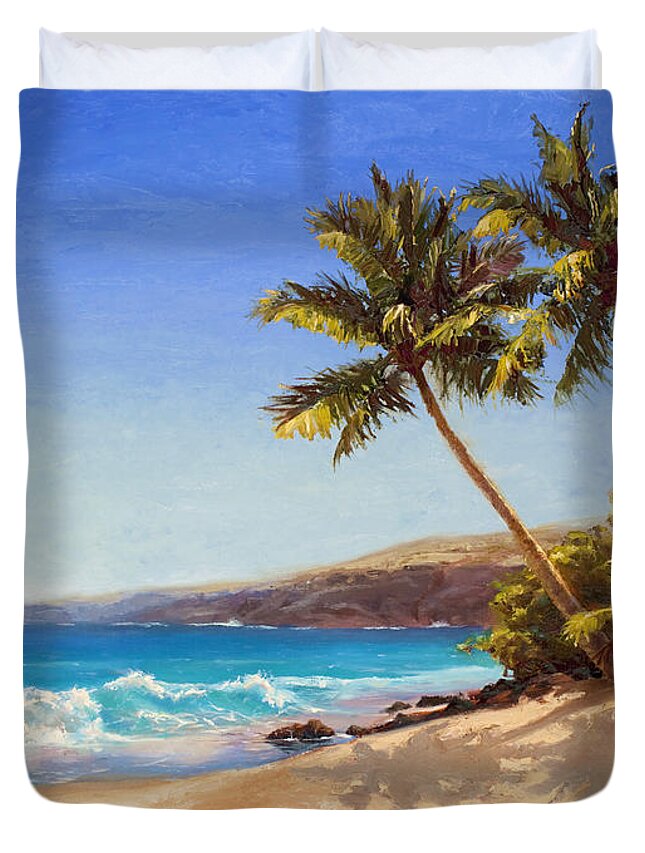 Hawaii Duvet Cover featuring the painting Hawaiian Beach Seascape - Big Island Getaway by K Whitworth