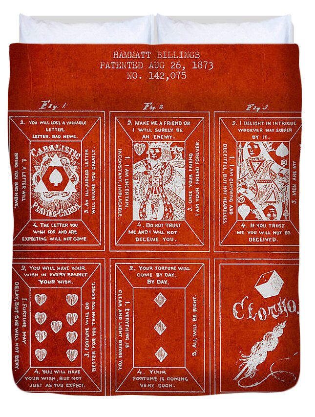 Cards Duvet Cover featuring the digital art Billings Playing Cards Patent Drawing From 1873 - Red by Aged Pixel
