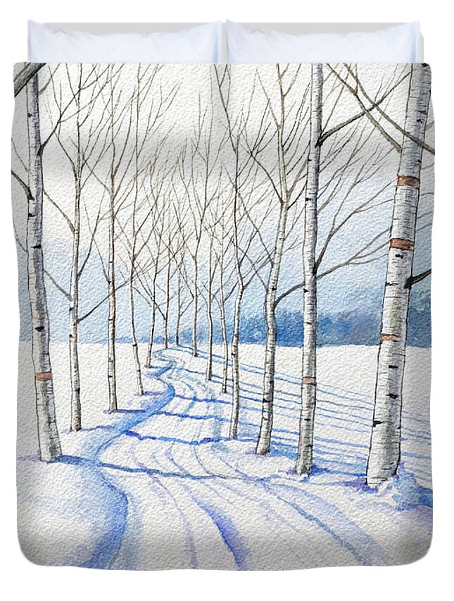 Birch Duvet Cover featuring the painting Birch Trees Along the Curvy Road by Christopher Shellhammer
