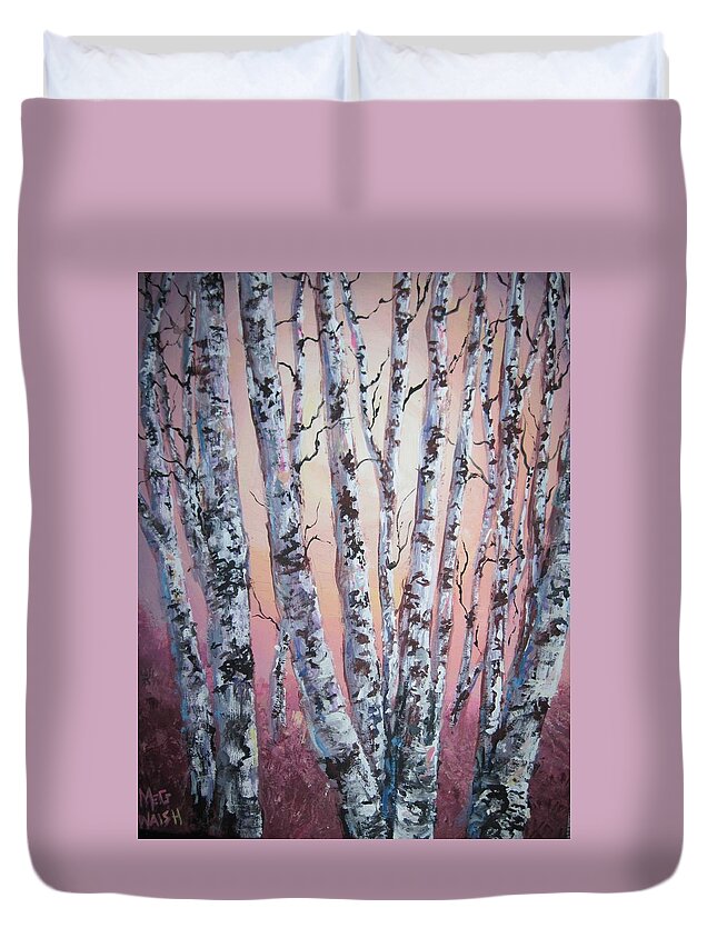 Tress Duvet Cover featuring the painting Birch trees at sunset by Megan Walsh
