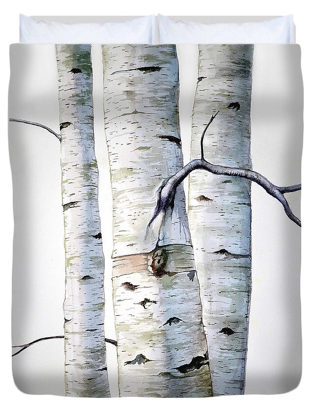 Birch Duvet Cover featuring the painting Birch Trees in watercolor by Christopher Shellhammer