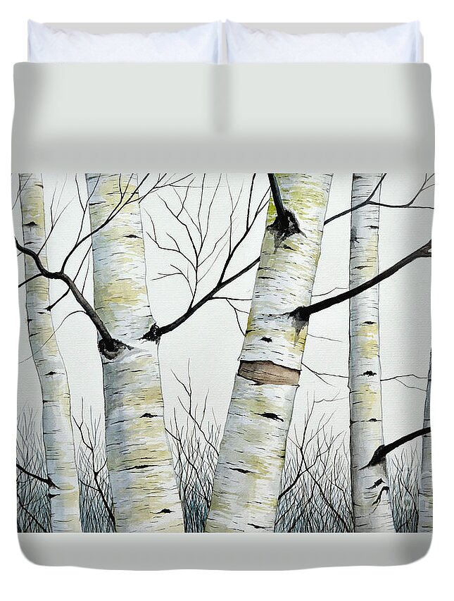 Birch Duvet Cover featuring the painting Birch Trees in the Forest in watercolor by Christopher Shellhammer