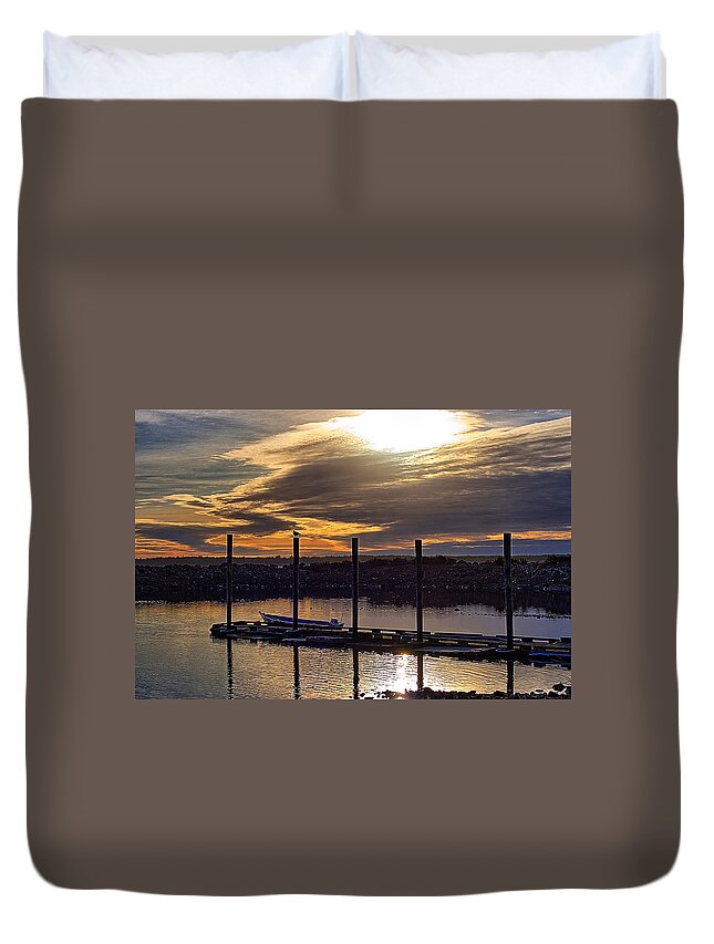 Sunset Duvet Cover featuring the photograph Bird - Boat - Bay by Chriss Pagani