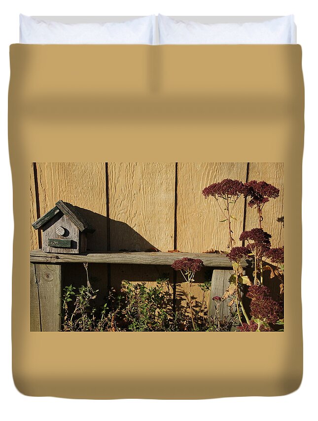 Bird House Duvet Cover featuring the photograph Bird House on Bench by Valerie Collins