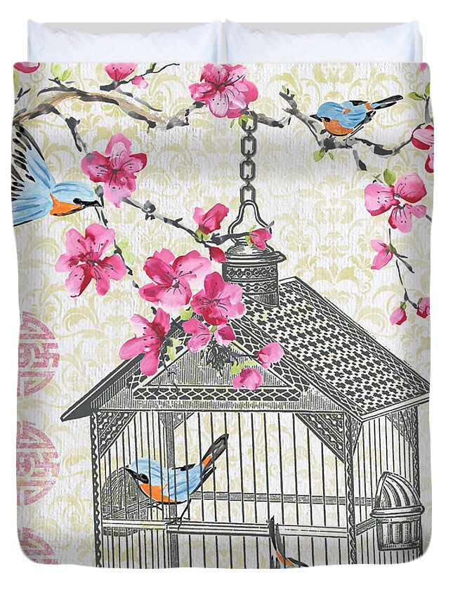 Birdcage With Cherry Blossoms Jp2611 Duvet Cover For Sale By Jean