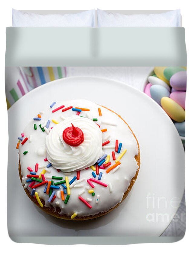 Food Duvet Cover featuring the photograph Birthday party donut by Edward Fielding