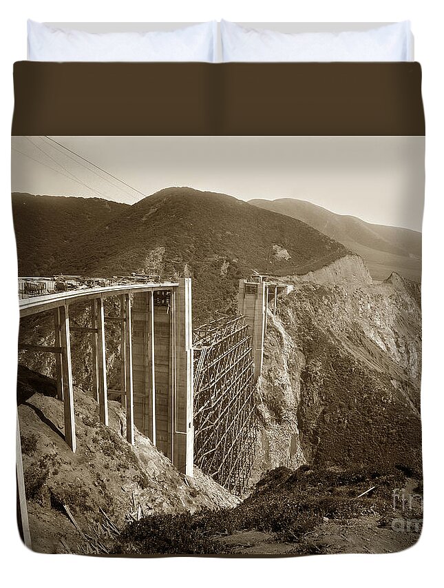 Bixby Creek Bridge Duvet Cover featuring the photograph Bixby Creek Bridge under construction Big Sur Coast on Highway One Calif. May. 1932 by Monterey County Historical Society