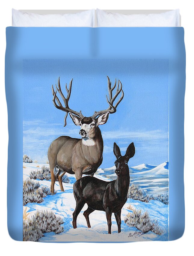 Mule Deer Duvet Cover featuring the painting Black and White by Darcy Tate