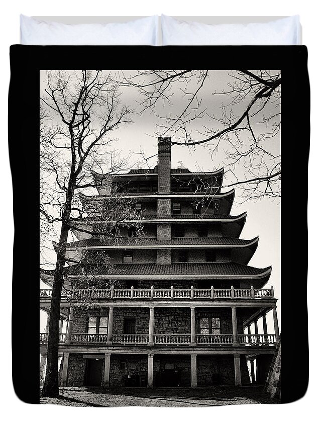 Black And White Duvet Cover featuring the photograph Black and White Pagoda - Reading Pa by Bill Cannon