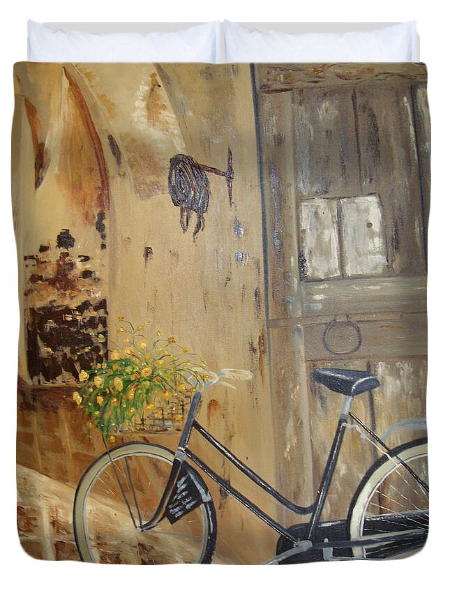 Black Duvet Cover featuring the painting Black Bicycle by Sunel De Lange