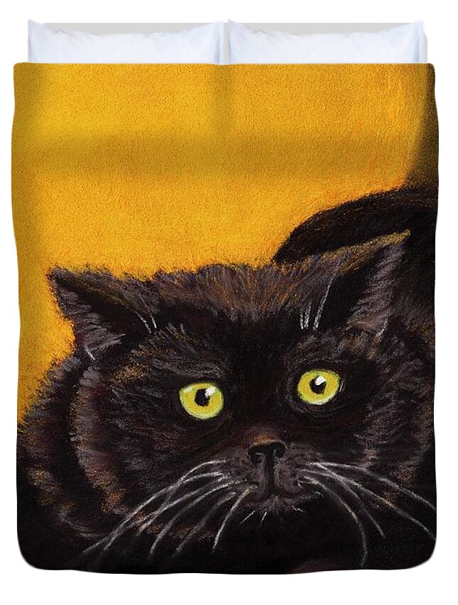 Black Duvet Cover featuring the painting Black Cat by Anastasiya Malakhova
