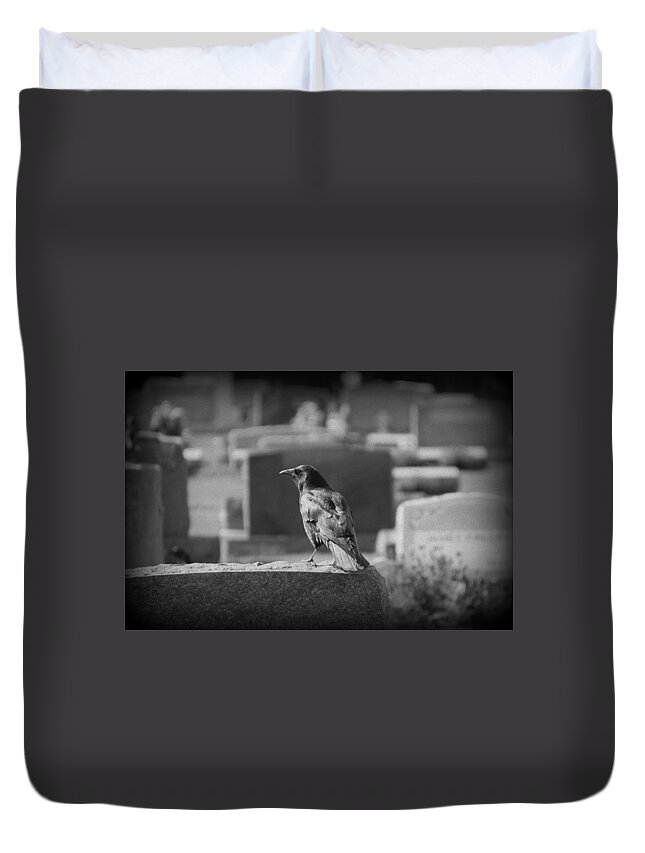 Crow Duvet Cover featuring the photograph Black Crow on Grave Stone by Valerie Collins