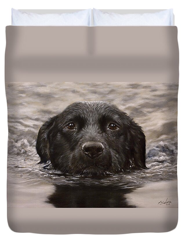 Labrador Duvet Cover featuring the painting Black Labrador Portrait II by John Silver