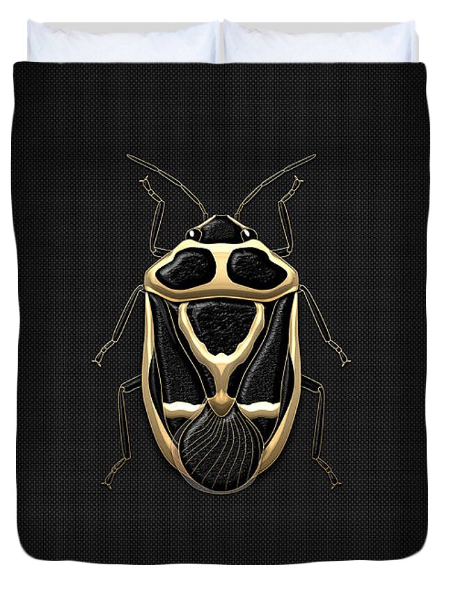 Beasts Creatures And Critters Collection By Serge Averbukh Duvet Cover featuring the digital art Black Shieldbug with Gold Accents on Black Canvas by Serge Averbukh