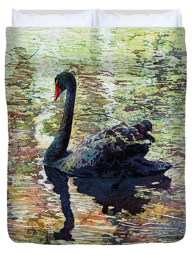 Black Swan Duvet Cover featuring the painting Black Swan by Hailey E Herrera