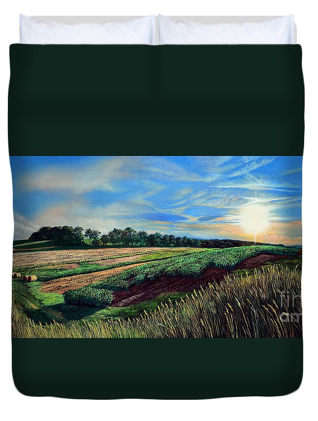 Farm Duvet Cover featuring the painting Blazing Sun on Farmland by Christopher Shellhammer